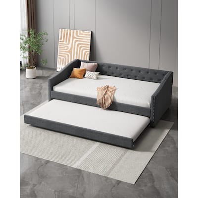 Dark Grey Twin Size Upholstered Tufted Daybed with Button on Back and Copper Nail on Waved Shape Arms