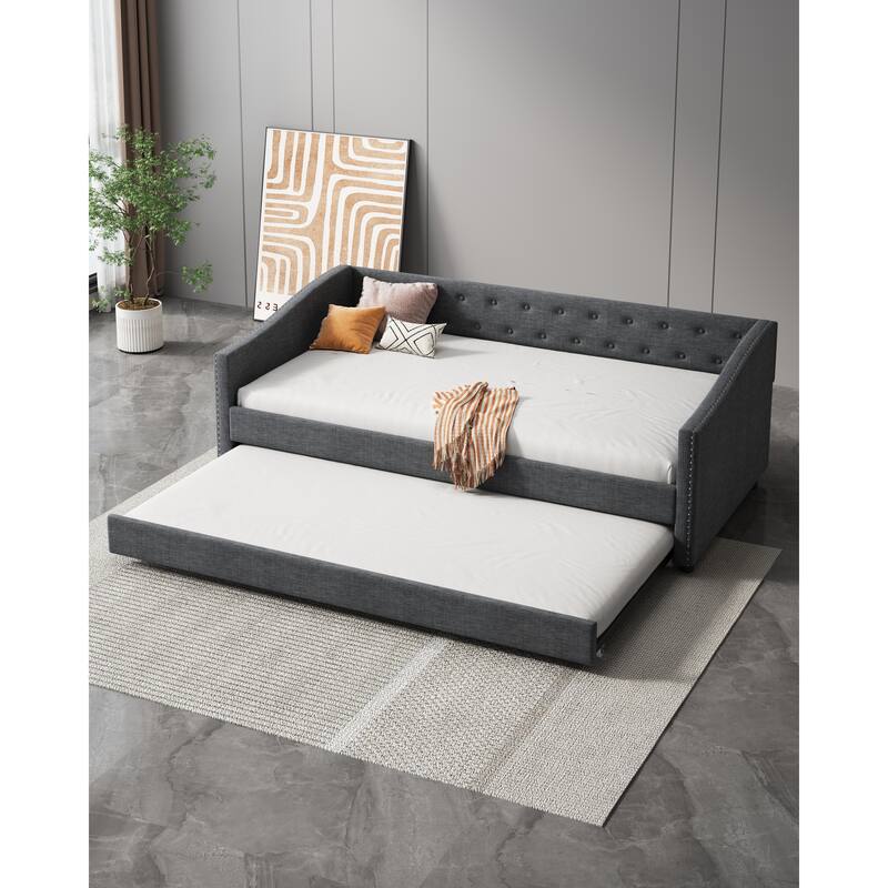 Linen Tufted Daybed with Trundle, Upholstered Platform Sofa Bed Frame, Wooden Slat Support