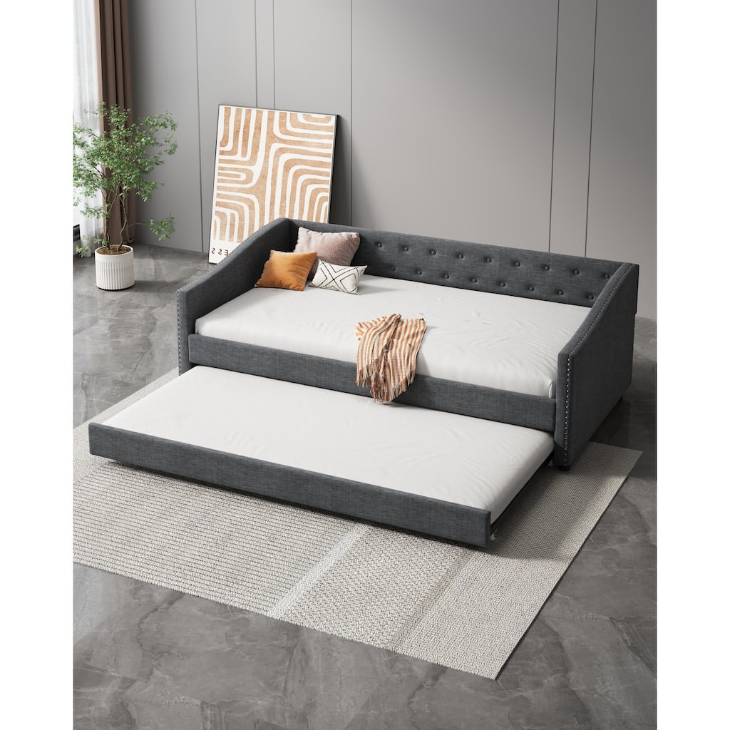 Wooden Frame Upholstered Tufted Daybed with Twin Size Trundle Bed, Button on Back and Copper Nail on Waved Shape Arms