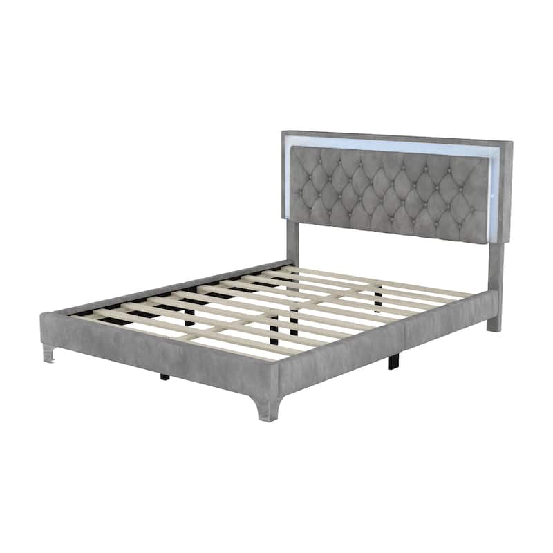 Queen Size Upholstered Bed Frame with LED Lights