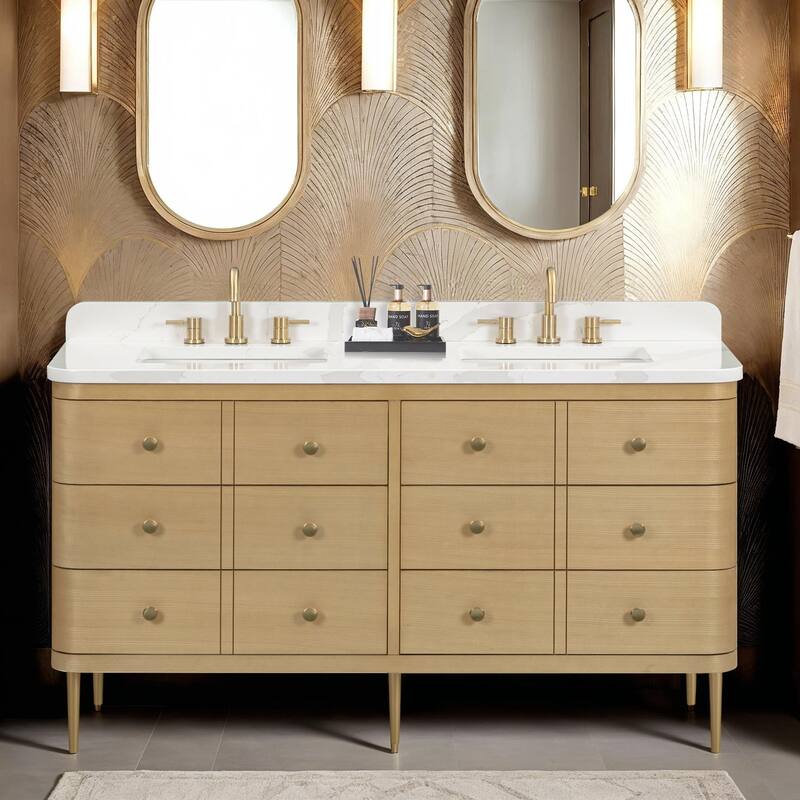 Serena Bathroom Vanity in Light Oak with Calacatta Quartz Top - 61"W x 22"D x 35.1"H