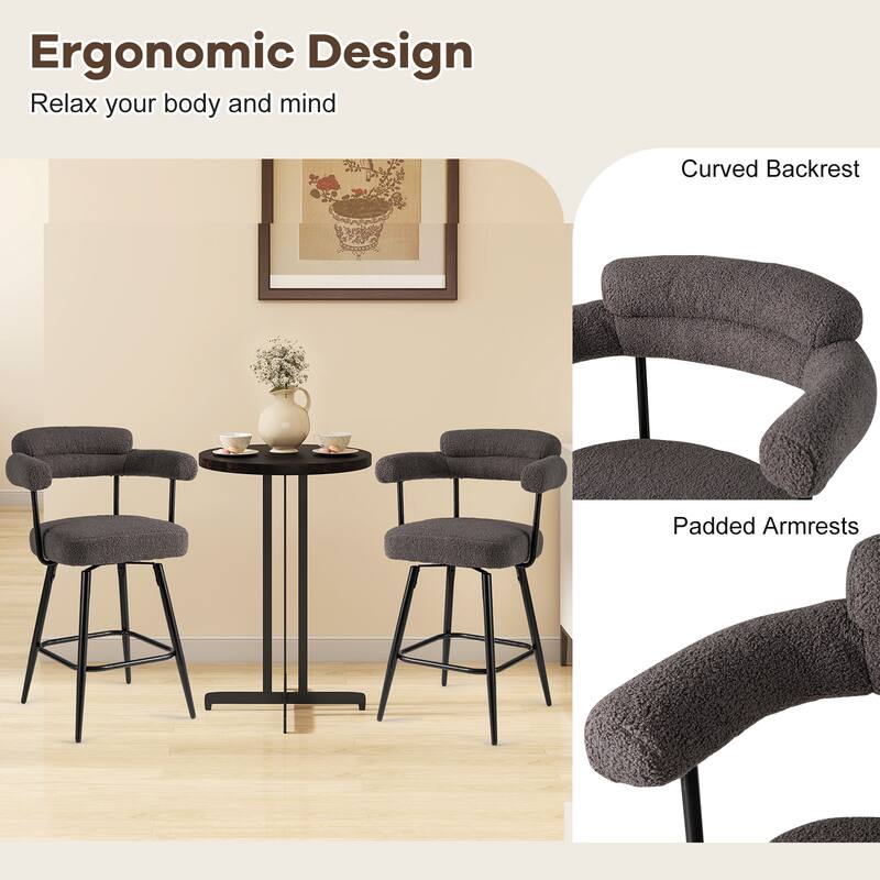 Set of 2 Counter Height Plush Boucle Fabric Bar Stools with Swivel Seat for Kitchen or Cafe - 25" x 21" x 39.5"