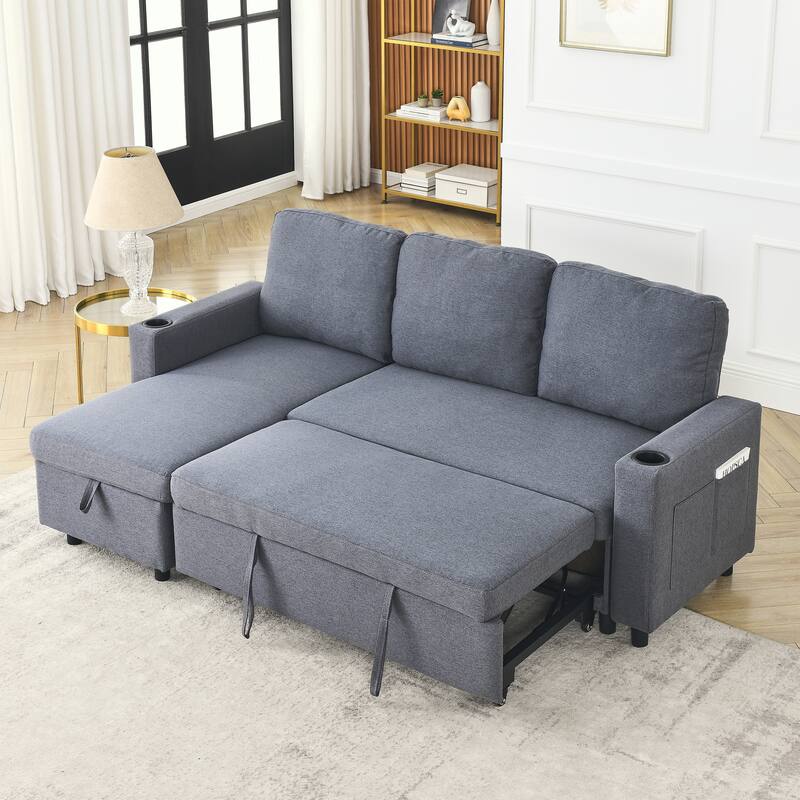 78.5" Linen Convertible Sofa Bed with Storage Ottoman
