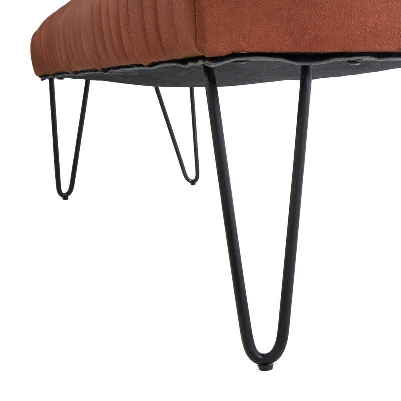 Brown Leather Upholstered Bench with Linear Tufted Panels and Black Metal Hairpin Legs