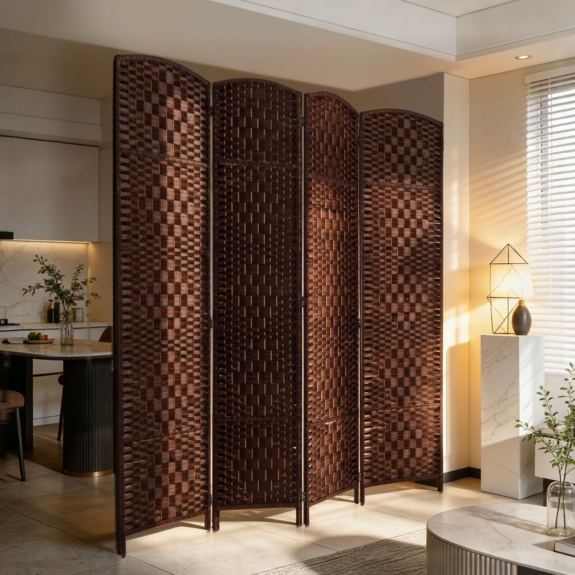 HomCom 6' Tall Wicker Weave Four Panel Room Divider Privacy Screen - Chestnut Brown
