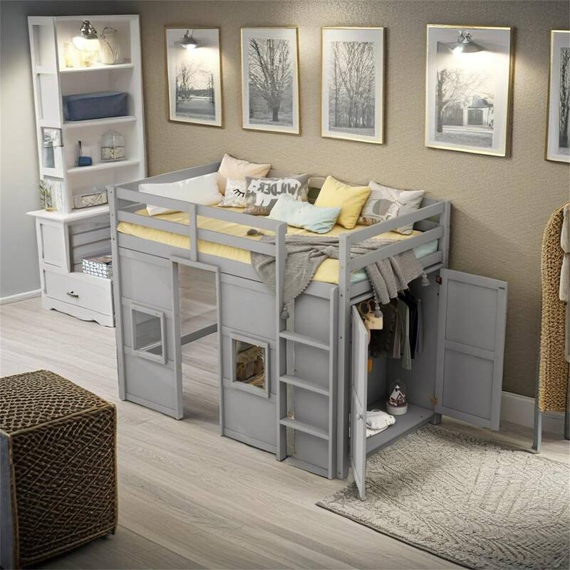 Wood Twin Size Loft Bed with Built-in Storage Wardrobe and 2 Windows