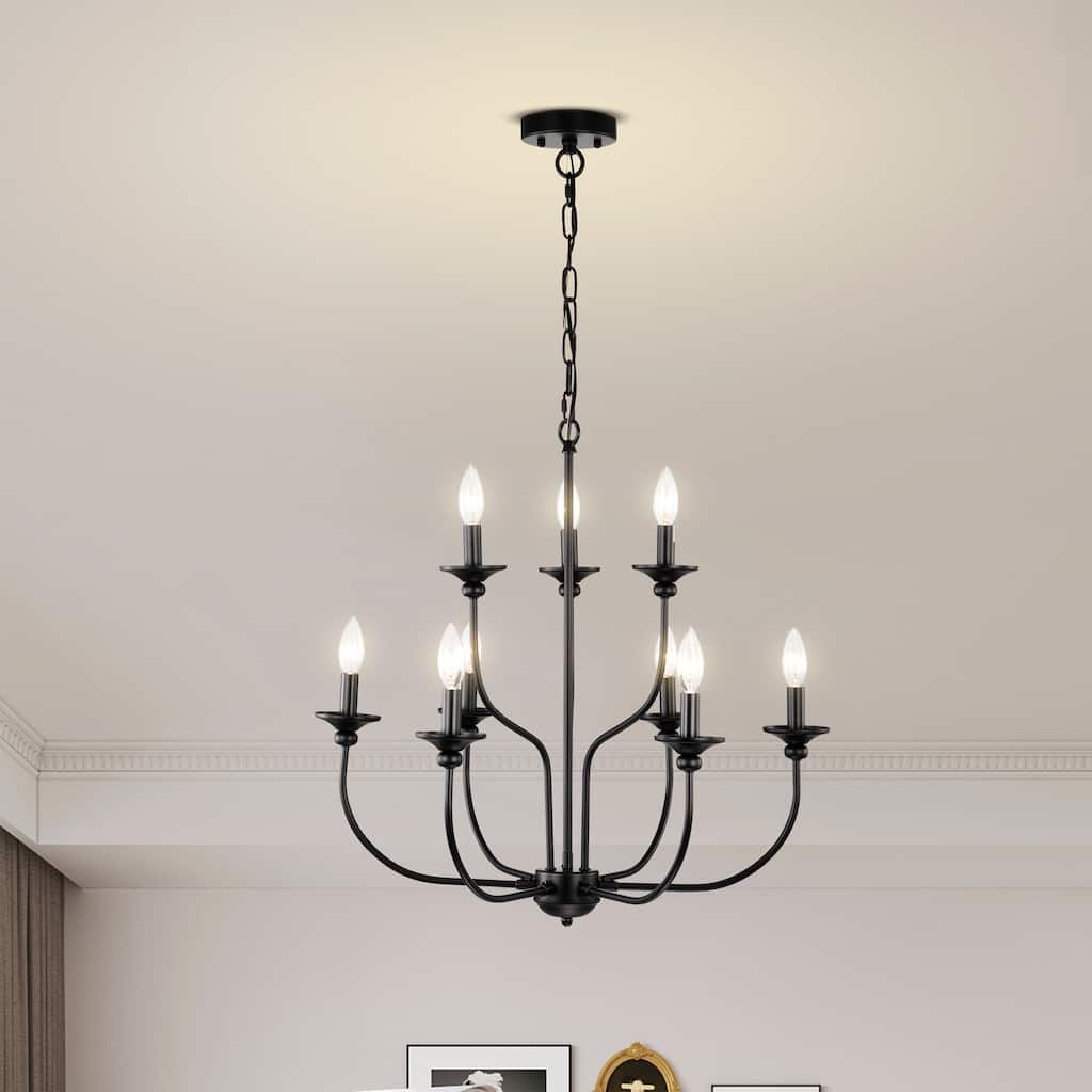 Rosalynne 28-Inch 9-Light Black Finish 2-Tier Drip Cup Candelabra Chandelier Ceiling Light