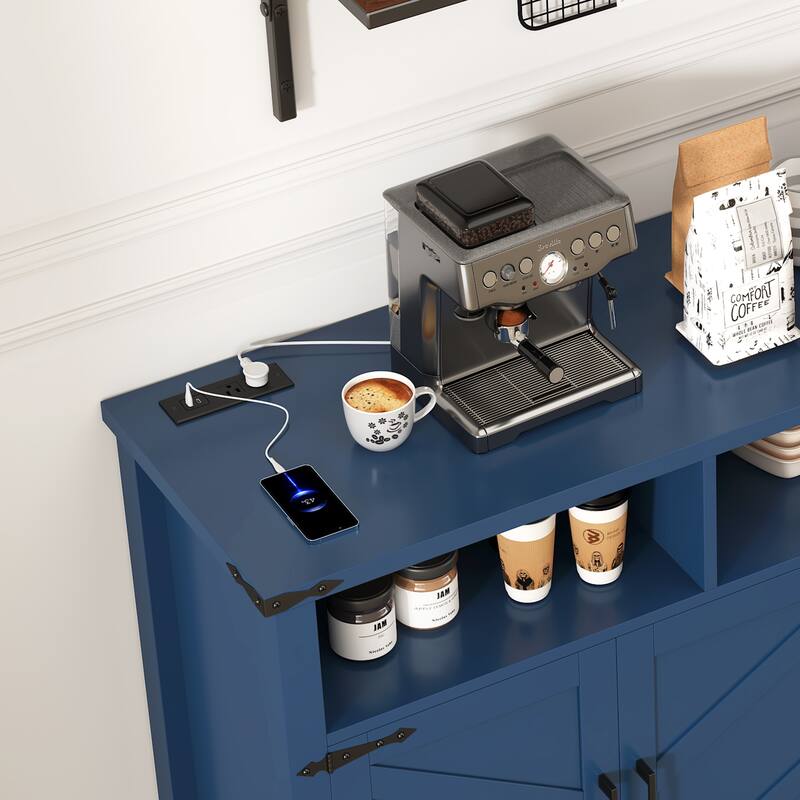 Sideboard Buffet with Power Outlets and USB Ports, 4 Door Sideboard with Adjustable Shelves and 3 Open Storage Cubbies