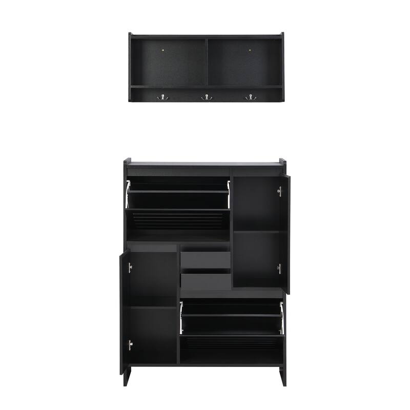 Multi-Functional Shoe Cabinet with Wall Cabinet, Space-saving Design Side Cabinet with 2 Flip Drawers and Hanging Hooks