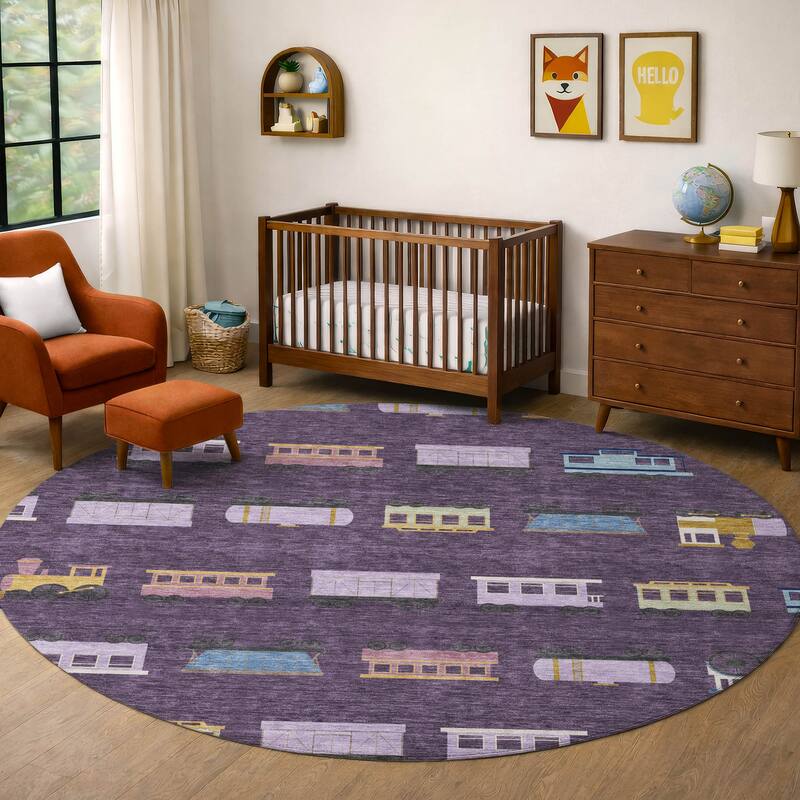Machine Washable Indoor/ Outdoor Modern Train Chantille Rug