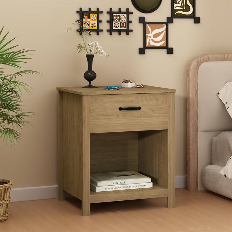 Wood Nightstand with Drawer and Open Shelf, Modern Bedside Table with Storage, Wooden End Table for Bedroom