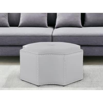 HomeRoots 33" Silver Faux Leather Tufted Octagonal Cocktail Ottoman