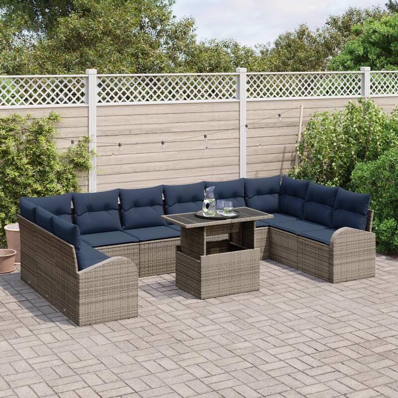 vidaXL 11 Garden Sofa Set with Cushions Black/Brown/Grey Poly Rattan - 135.4 x 70.5 x 27.2