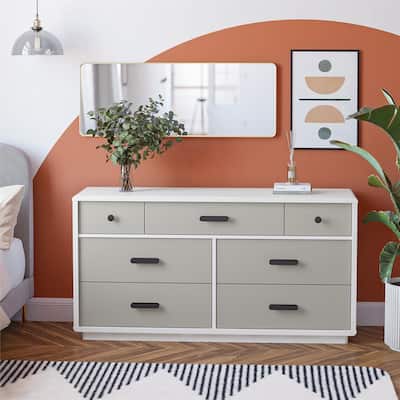 CosmoLiving by Cosmopolitan Valencia 7-Drawer Wide Dresser, Taupe and White
