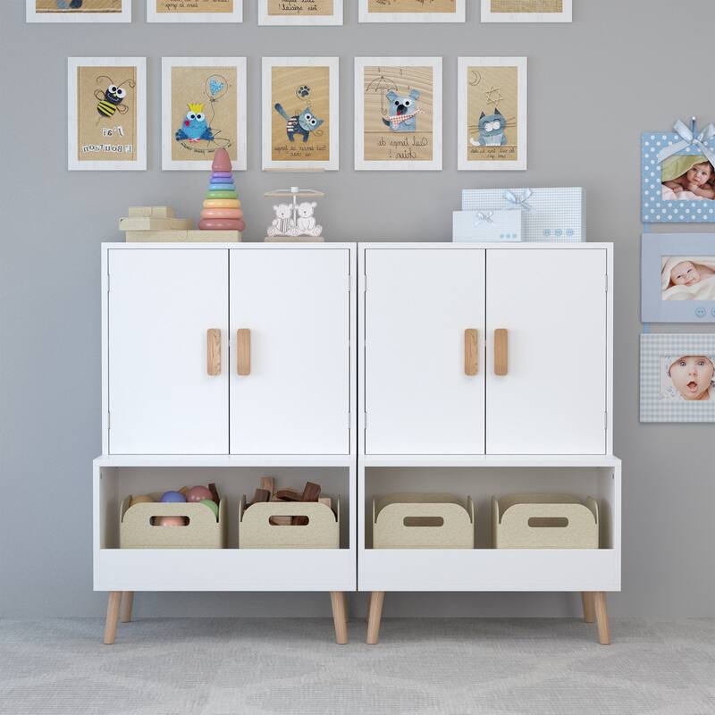 Anmytek Modern White Kids Storage Cabinet with Anti Tip Design - Scandinavian Playroom Organizer