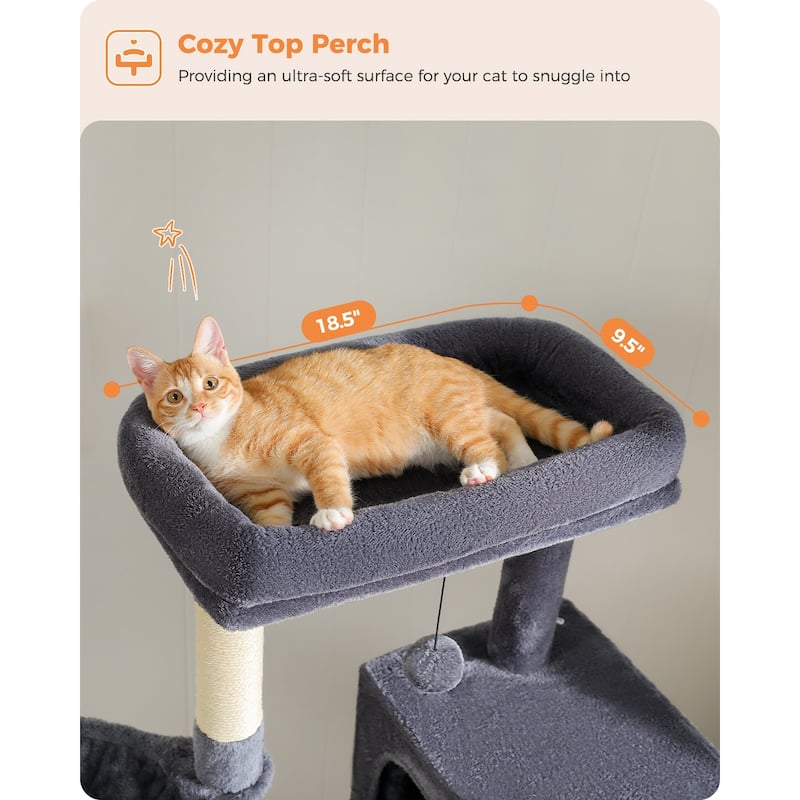 Cat Tree with Large Top Perch, Plush Hammock, 2 Condos, Dangling Pompom & Cat Scratching Posts
