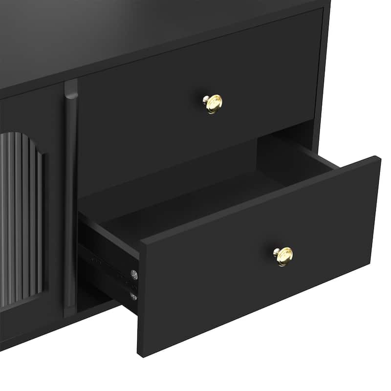70.9" Glass Door TV Stand with Round Handle, Media Storage TV Console Table with 4 Drawers, 2 Cabinets for TVs up to 75''