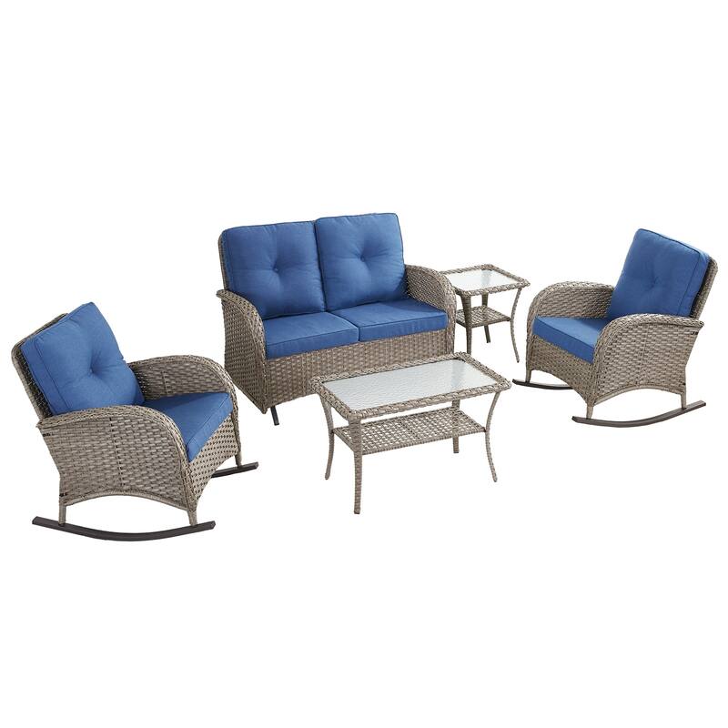 Outdoor Glider Sofa Rocker Chairs Table Grey-Blue - Grey