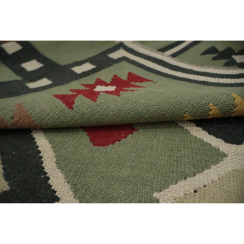 Hand Woven Oriental 100% Wool Carpet Southwestern Tribal Green Kilim Area Rug - 8' 1'' X 4' 10''