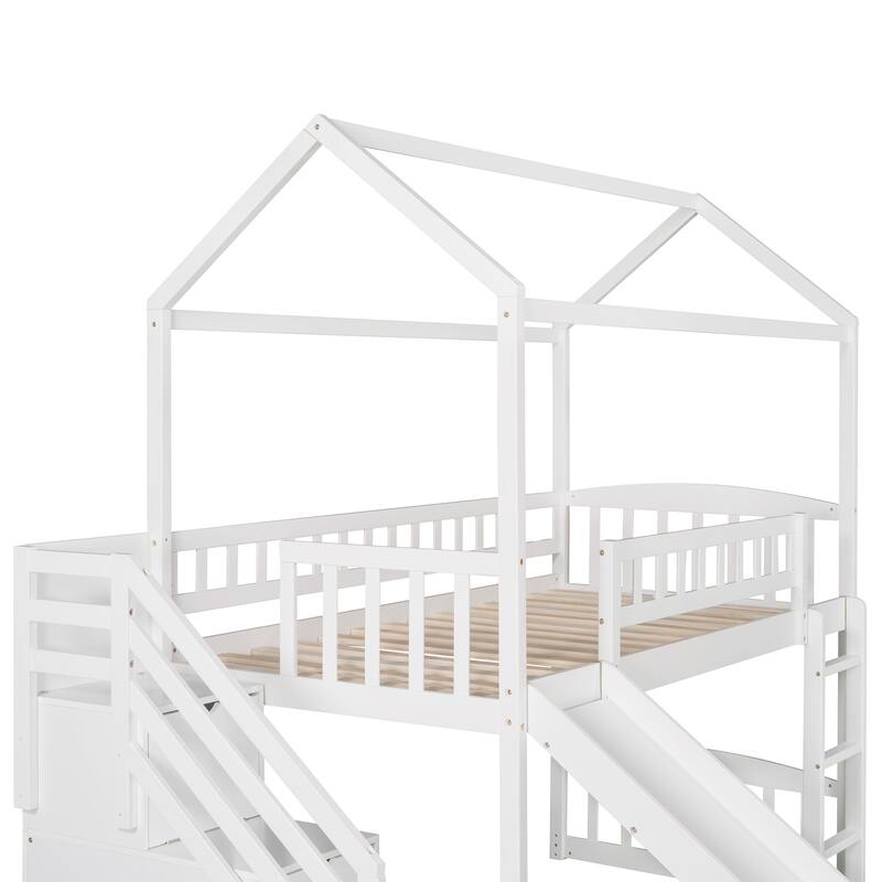 Twin Loft Bed with Slide, Storage Drawers, and Playhouse Design