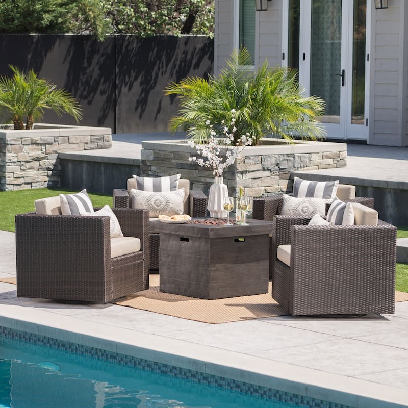 Puerta Outdoor 4-piece Wicker Swivel Chair Set with Square Firepit by Christopher Knight Home - Brown+Beige w Brown Fire Pit