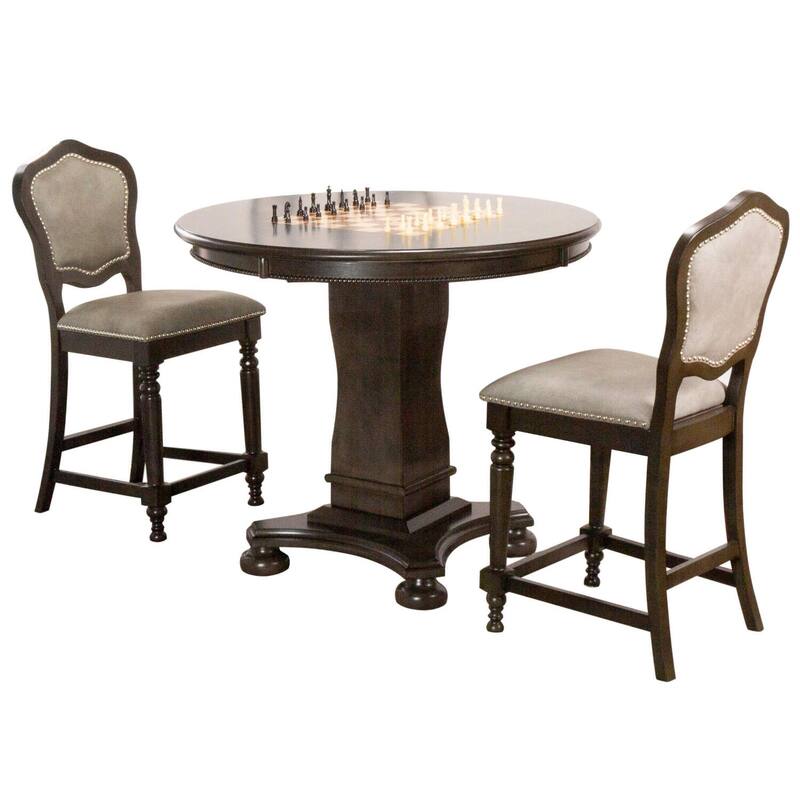 3-in-1 Counter Height Game Table & Dining Set - Poker, Chess, Rummy - Gray Wood & Stools