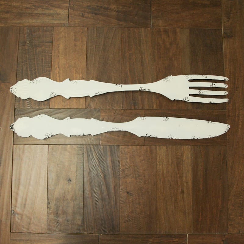 Zeckos 30 Inch White Metal Knife And Fork Wall Hangings (Set Of 2)