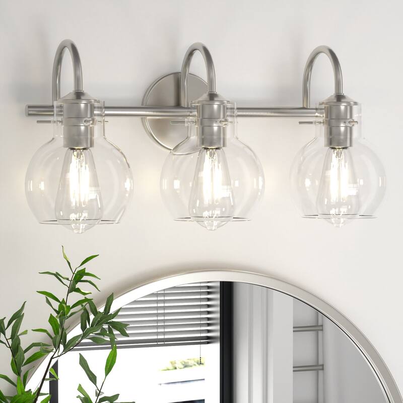 Modern 2/3/4 Bathroom Vanity Lights Clear Globe Glass Shade - 3-Light/17.3" - Silver