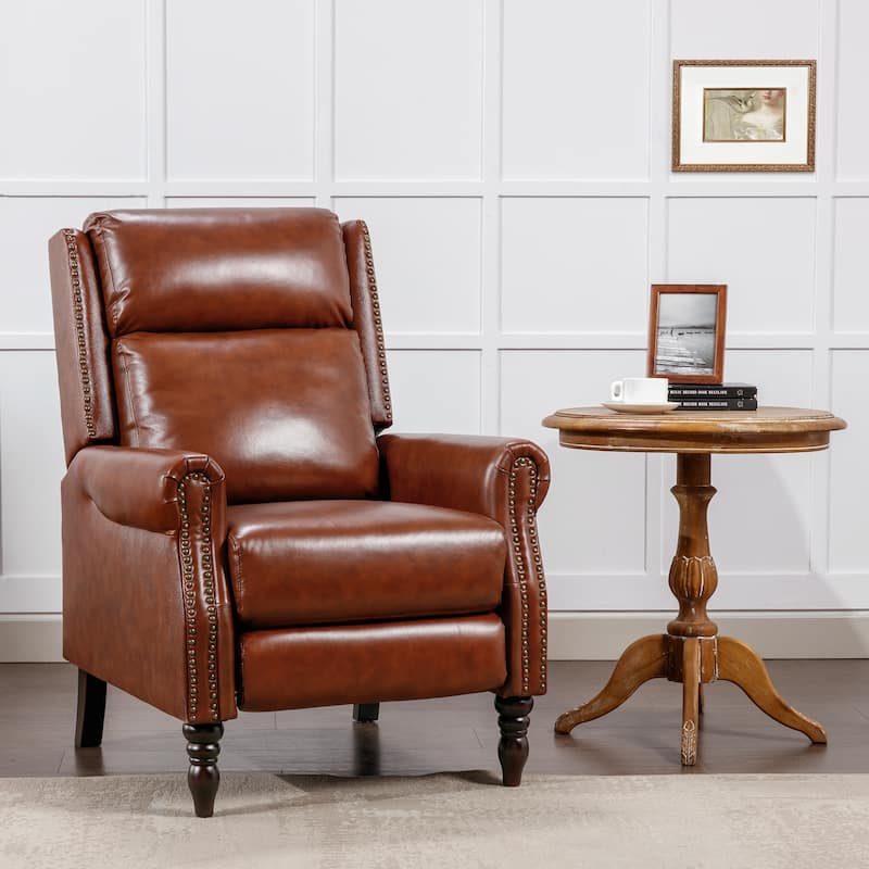 Genuine Leather Comfortable Recliner Chair Adjustable Push Back Recliner Living Room Arm Chair - Red Brown