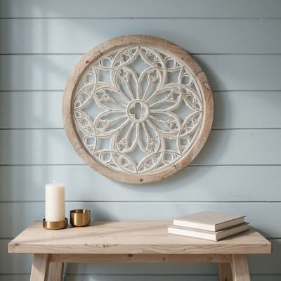 HomeRoots 25" Natural And White Wood Medallion Round Hanging Wall Decor