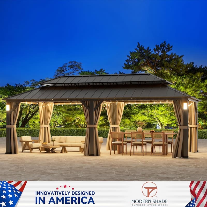 Permanent Hardtop Gazebo 12' x 24' with 4 LED Lights, Outdoor Gazebo with Galvanized Steel Double Roof,Black