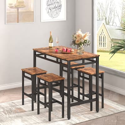 Rustic Brown 5 Piece Bar Table Set with 4 High Stools