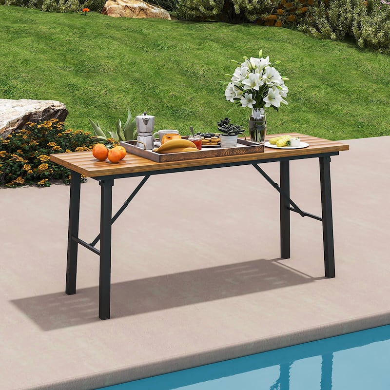 Gymax Patio Folding Picnic Table Acacia Wood Dining Table w/ Metal