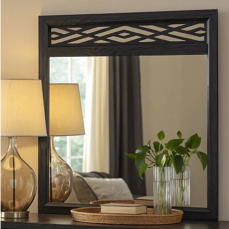 Kira 22 x 40 Dresser Mirror, Geometric Design, Rubberwood, Black Finish