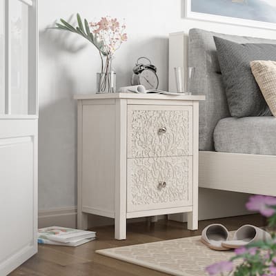 COZAYH Farmhouse Fully-Assembled Nightstand with 2-Drawer, Flower Motif End Table for Small Spaces, French Country