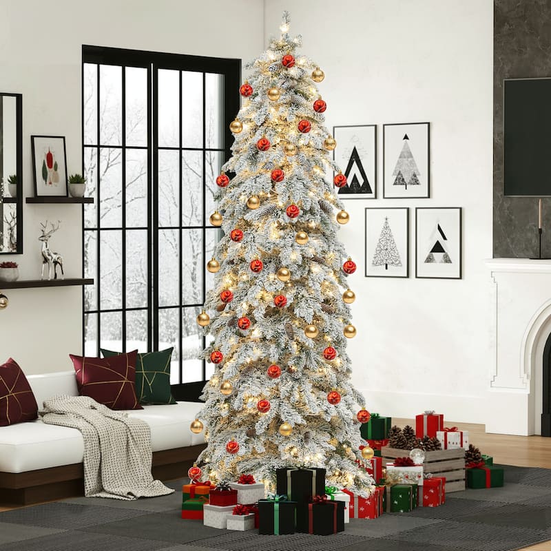 Elegant Pre-Lit Artificial Christmas Tree Collection , Multiple Styles with Remote Control & Snow Flocking - White-Slim - 11 Foot