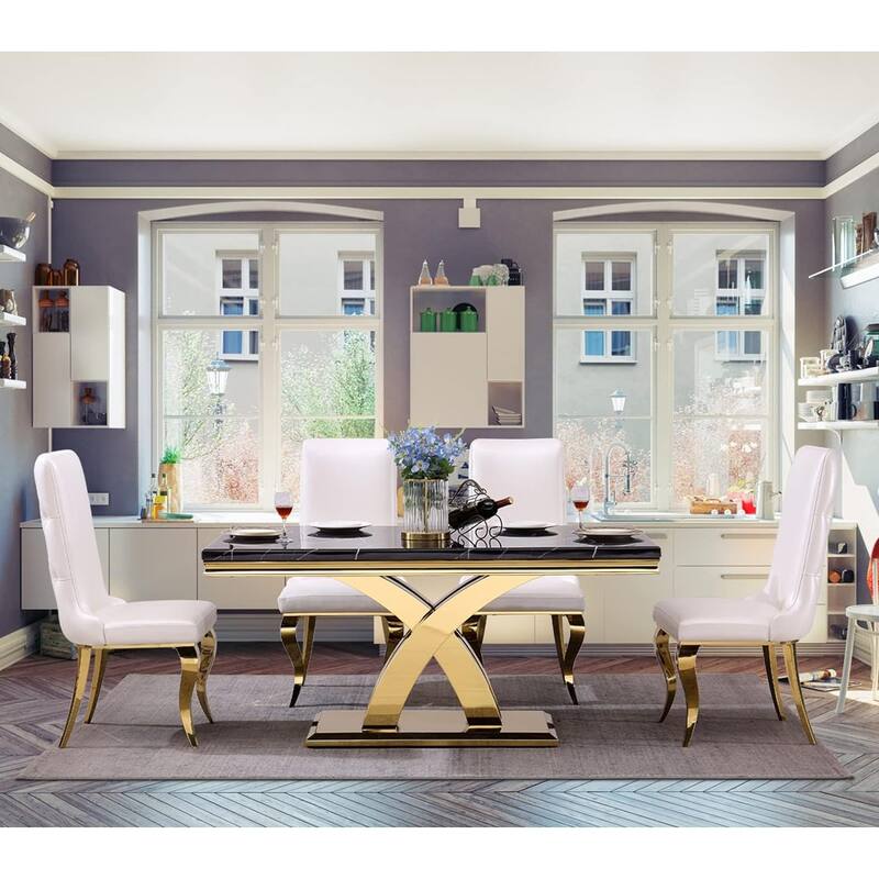 Luxury 65 inch Black and Gold Dining Table with Polished Double X Base