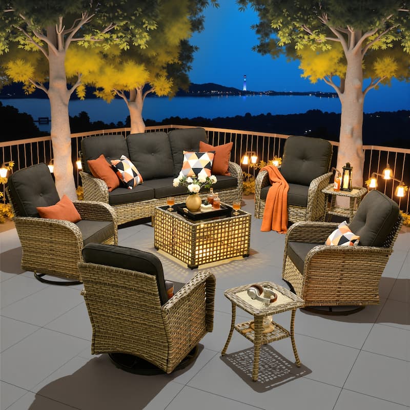 HOOOWOOO 8-piece Patio Wicker Rattan Swivel Rocking Chair Set with Solar-powered Table - Black
