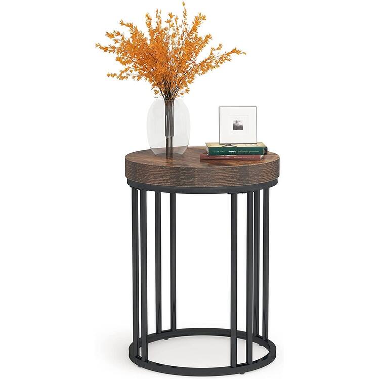 Brown/ Black Wood 2-Tier Round Sofa Side Table for Living Room