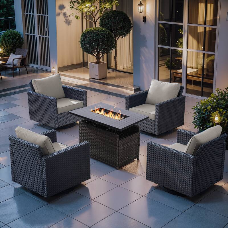Outdoor Grey Wicker Fire Pit Table with 4 Swivel Chairs - Beige Cushion - 4PCS Brown Wicker Chairs w/ Grey Wicker Fire Table