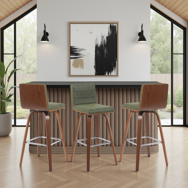 Skara Swivel Bar Stool, Upholstered Bar Height Chair with Bentwood Frame - Vintage Green Faux Leather & Walnut - Set of 3