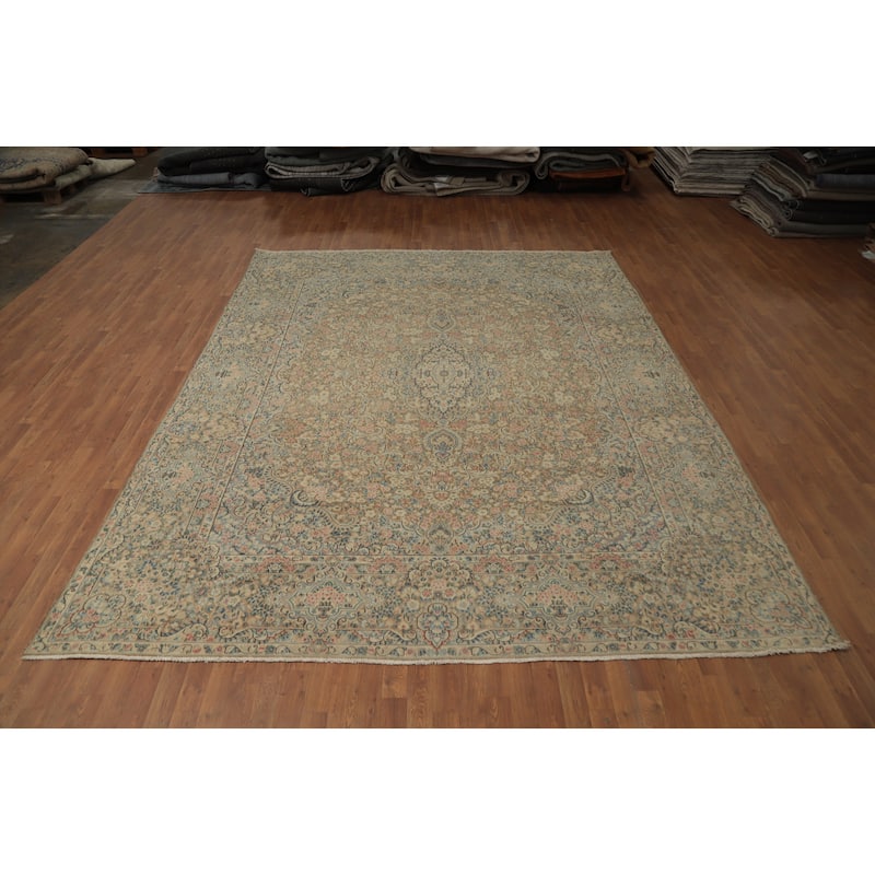 Hand Knotted Oriental 100% Wool Carpet Traditional Floral Brown Kerman Area Rug - 11' 11'' X 9' 6''
