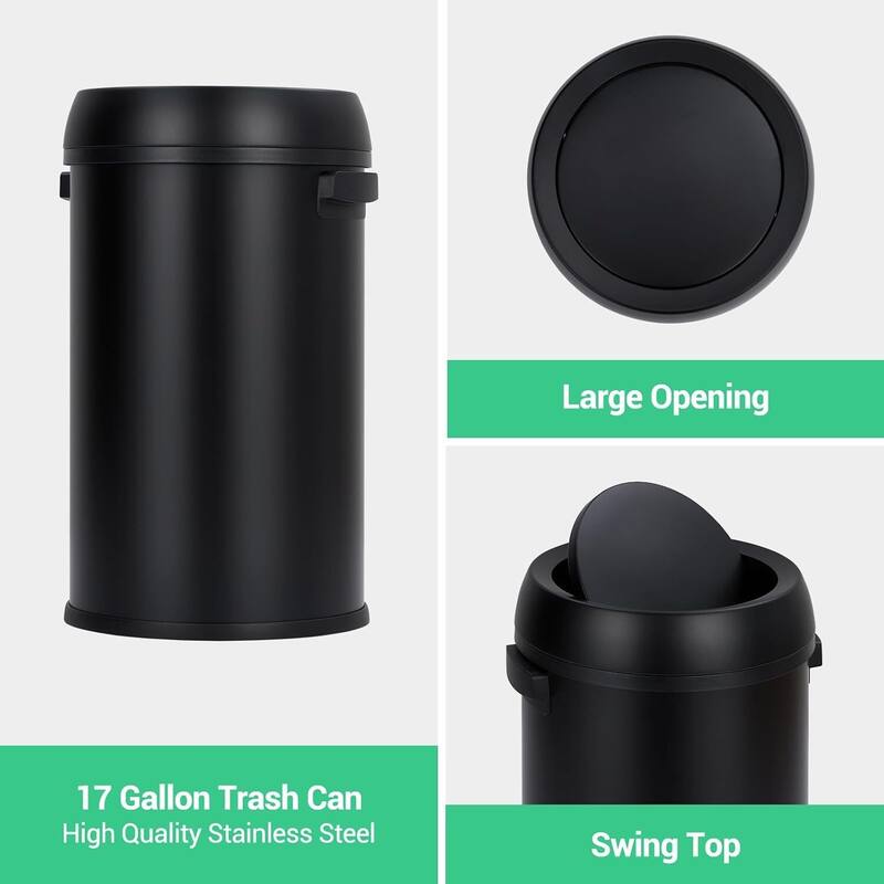 17 Gallon Stainless Steel Swing Top Trash Can, Heavy Duty Round
