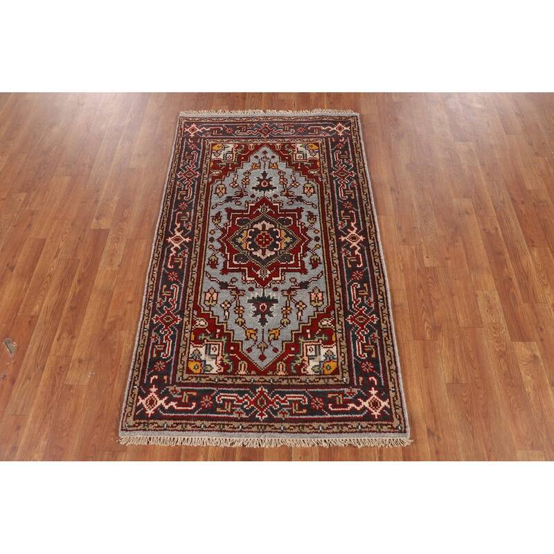 Geometric Heriz Serapi Indian Accent Rug Handmade Wool Carpet - 2'11" X 5'0"