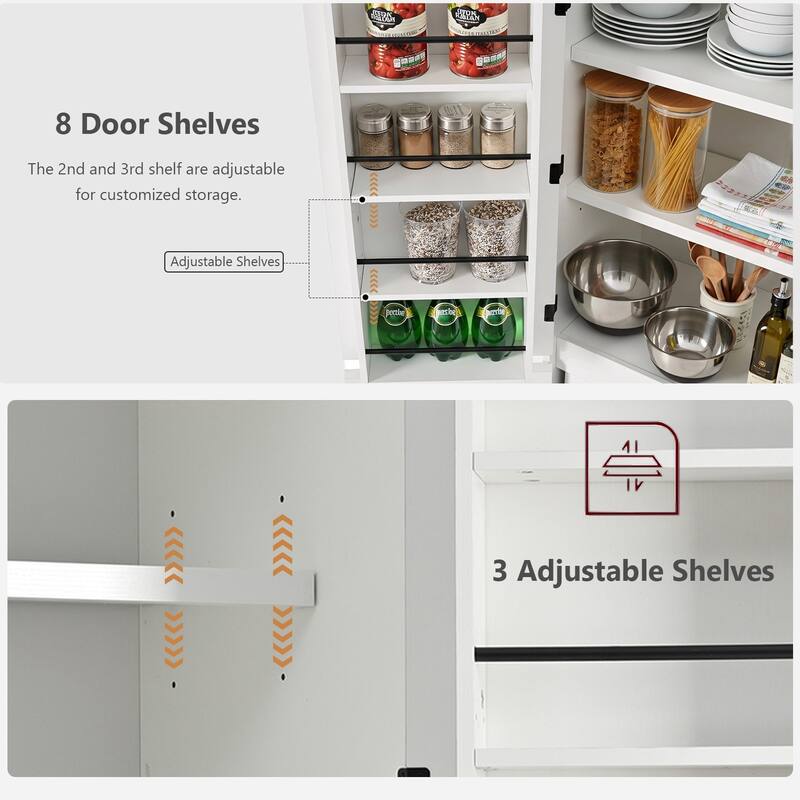 Farmhouse Kitchen Pantry Cabinet Storage Cupboard with 8 Door Shelves, 3 Adjustable Interior Shelves, Hidden Drawer