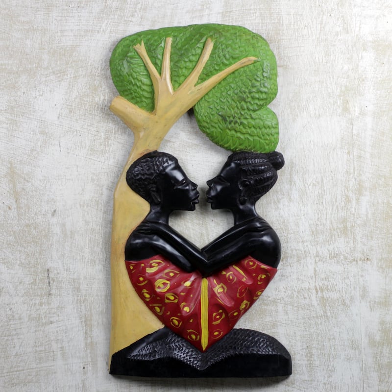 Novica Handmade Embracing Lovers Wood Relief Panel