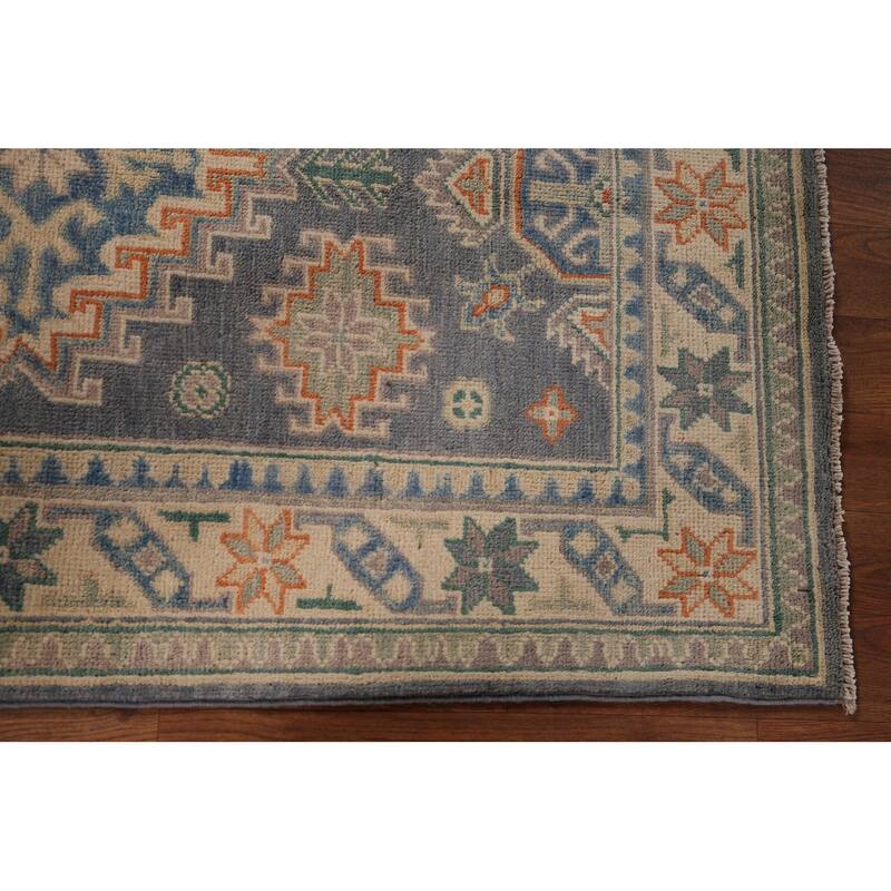 Geometric Kazak Accent Rug Hand-Knotted Grey Wool Carpet - 2'7" x 4'2"