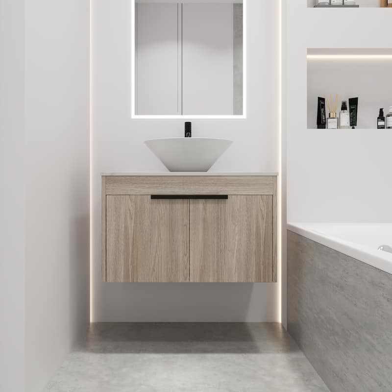30''Float Bathroom Vanity With Ceramic Basin Set,Wall Mounted White Oak Vanity With Soft Close Door,2 Pieces Parcel - White Oak