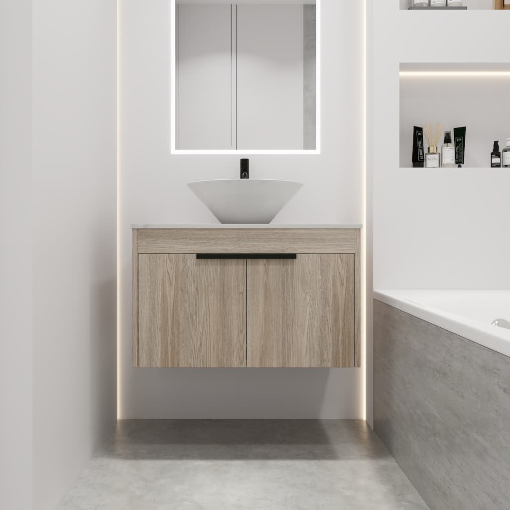 30''Float Bathroom Vanity With Ceramic Basin Set,Wall Mounted White Oak Vanity With Soft Close Door,2 Pieces Parcel