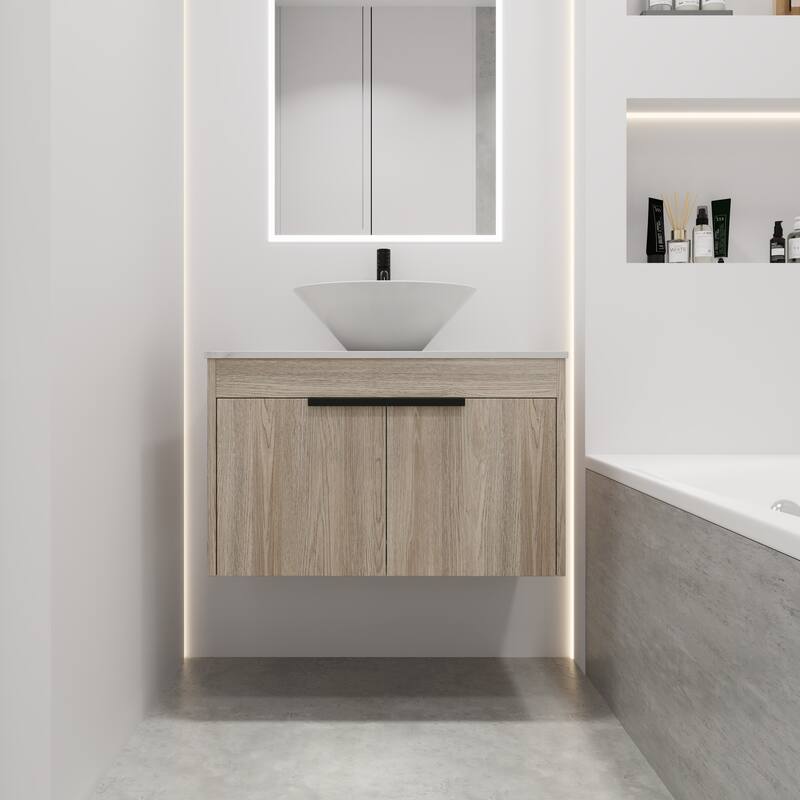30''Modern Design Float Bathroom Vanity With Ceramic Basin Set,Wall Mounted White Oak Vanity With Soft Close Door - White Oak